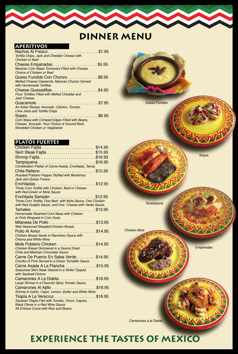 Fresco Mexican Restaurant Chester, NJ Dinner Menu (front)