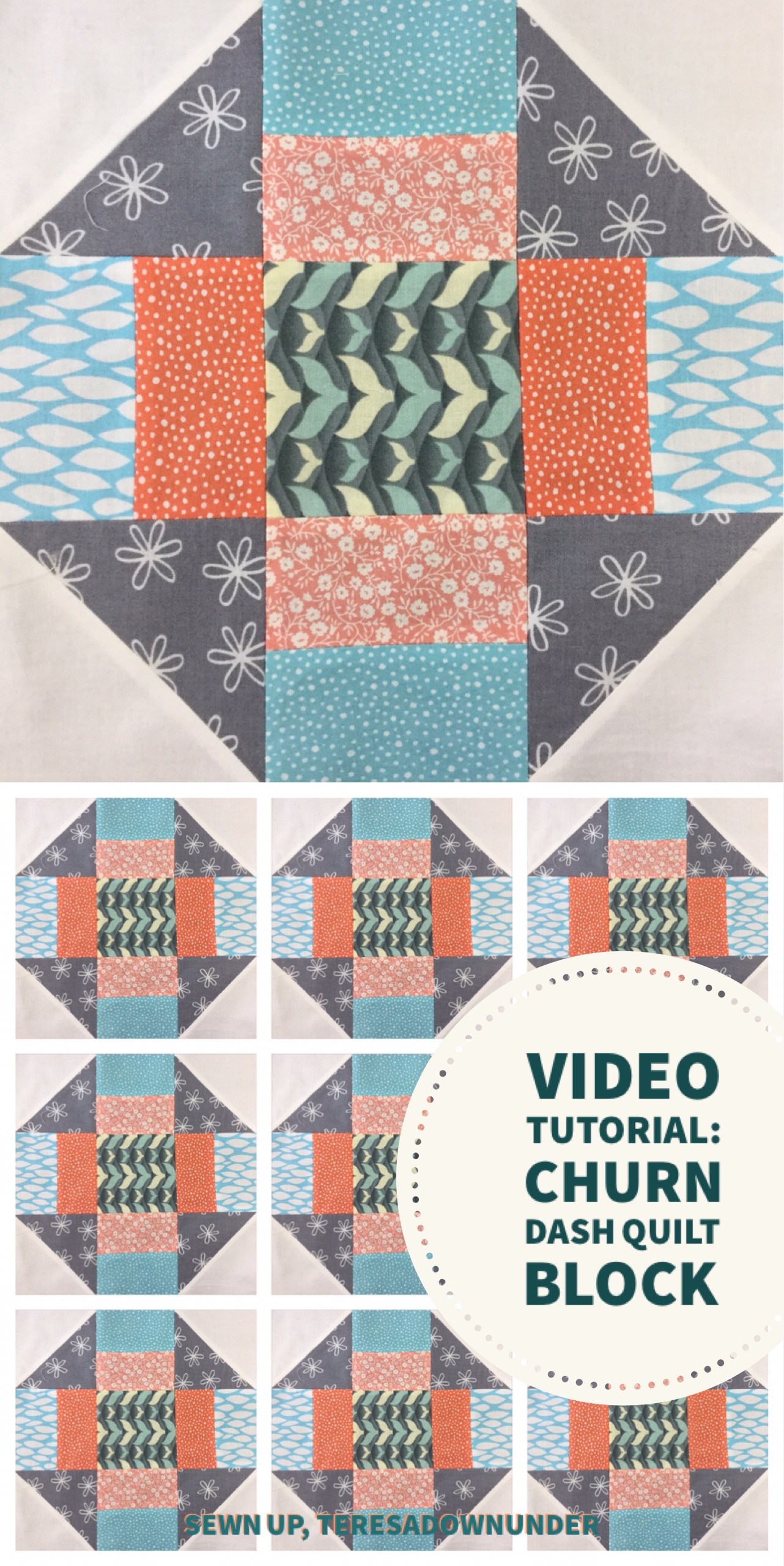 Video tutorial quick and easy churn dash quilt block Sewn Up