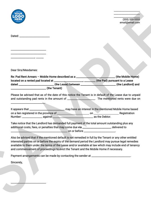 Creditors Notice of Pad Rent Arrears Recourse