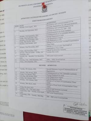 Oaustech Academic Calendar For 2020/2021 Session - Myschool