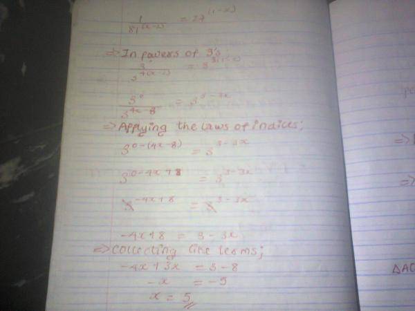 Solve 1/81^(X-2) = 27^(1-X).? - Myschool