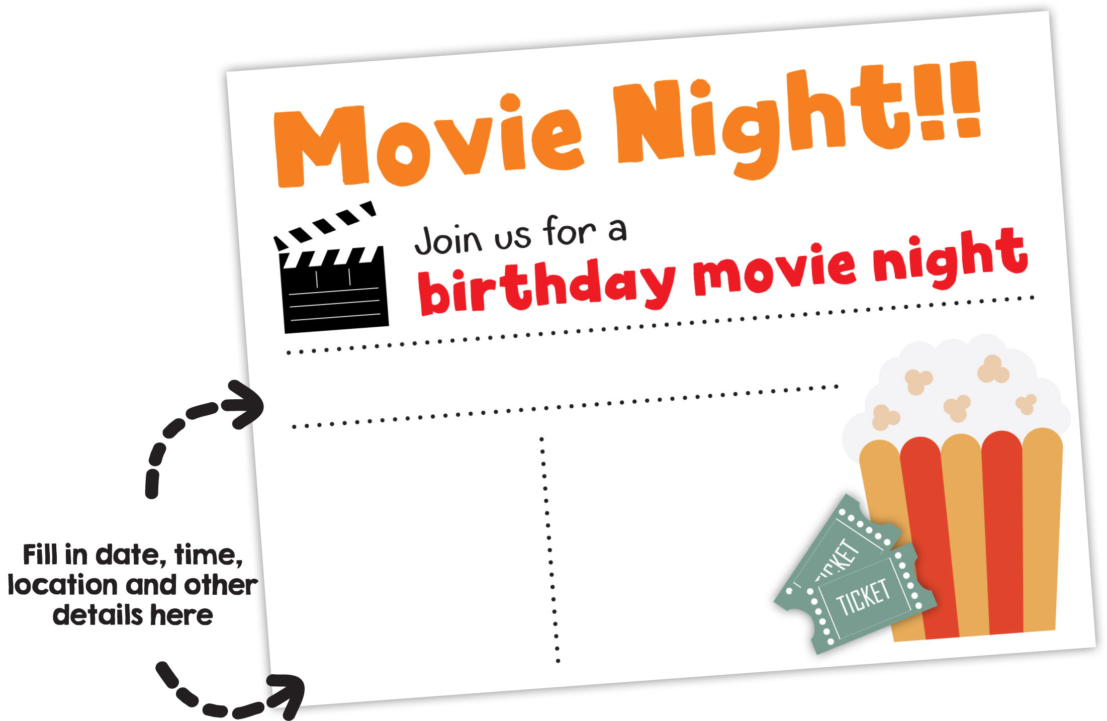 Print your free movie night birthday party invitation My Silly Squirts