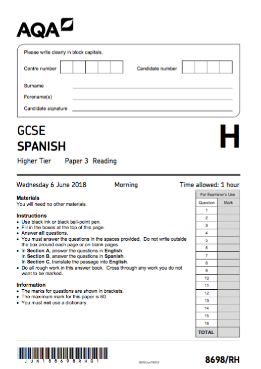 AQA 2018 Reading Paper (Higher Tier) My Spanish Tutor