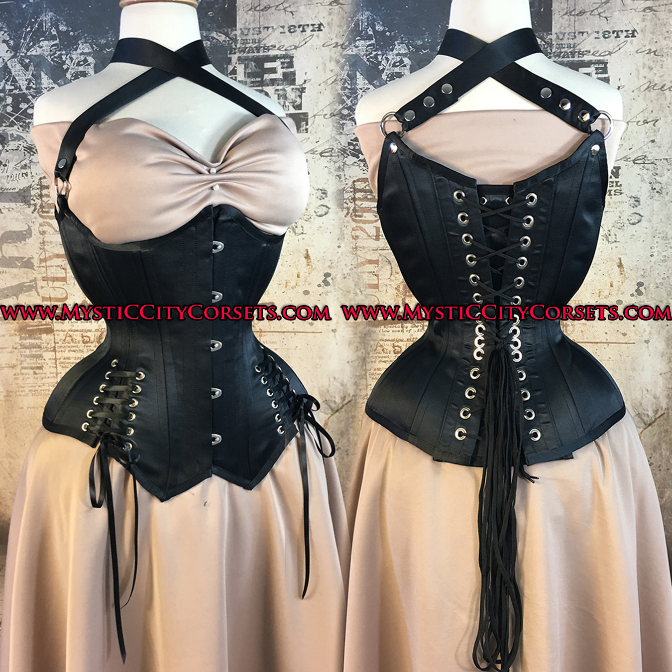 Black satin underbust corset MCC124 With Straps and Hip ties