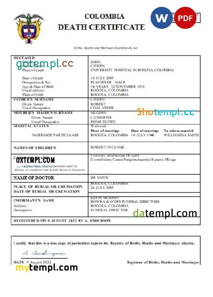 Colombian death certificate Word and PDF example, completely editable