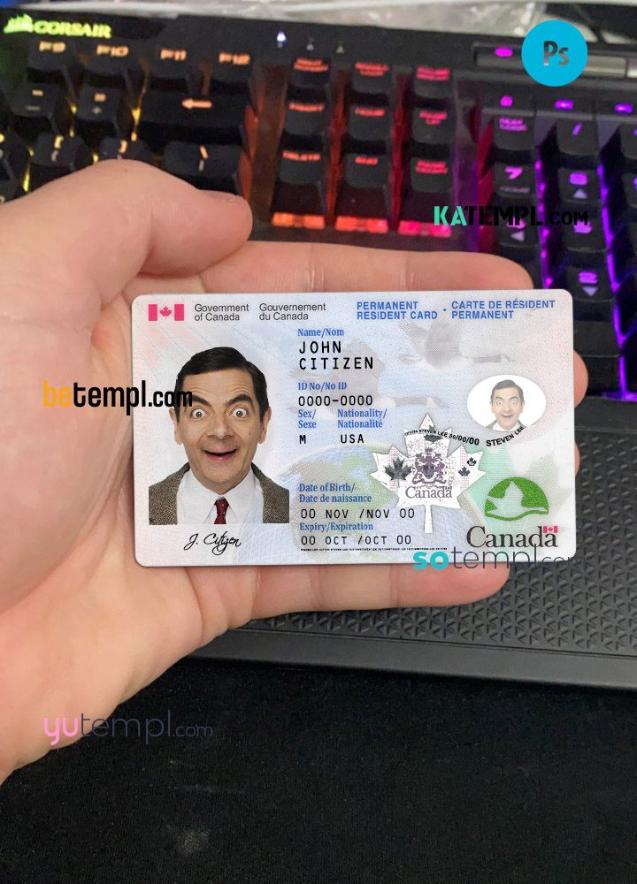 Canadian Permanent resident card example in PSD format, fully editable