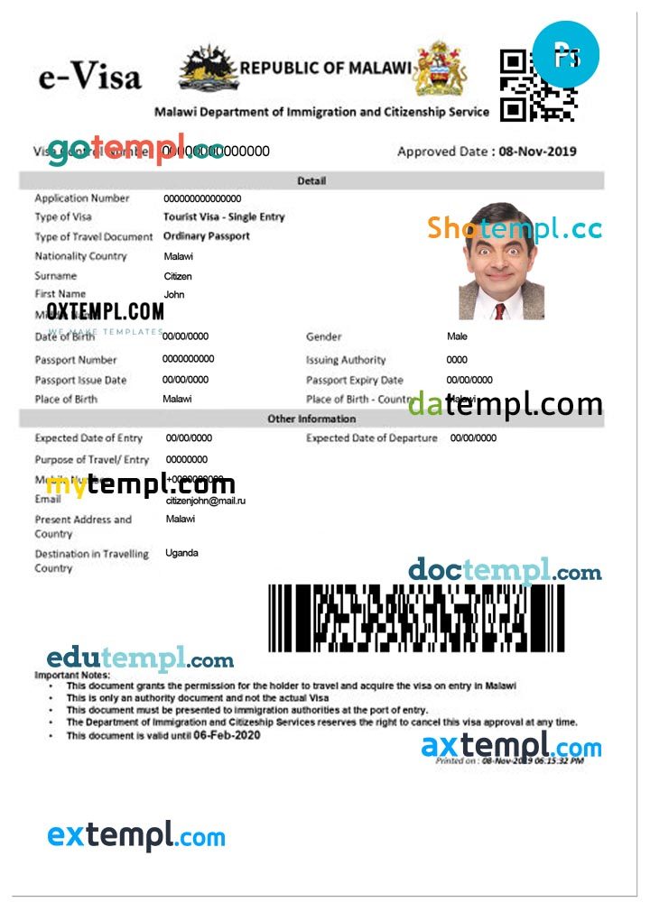 Malawian travel visa PSD example, fully editable Mytempl