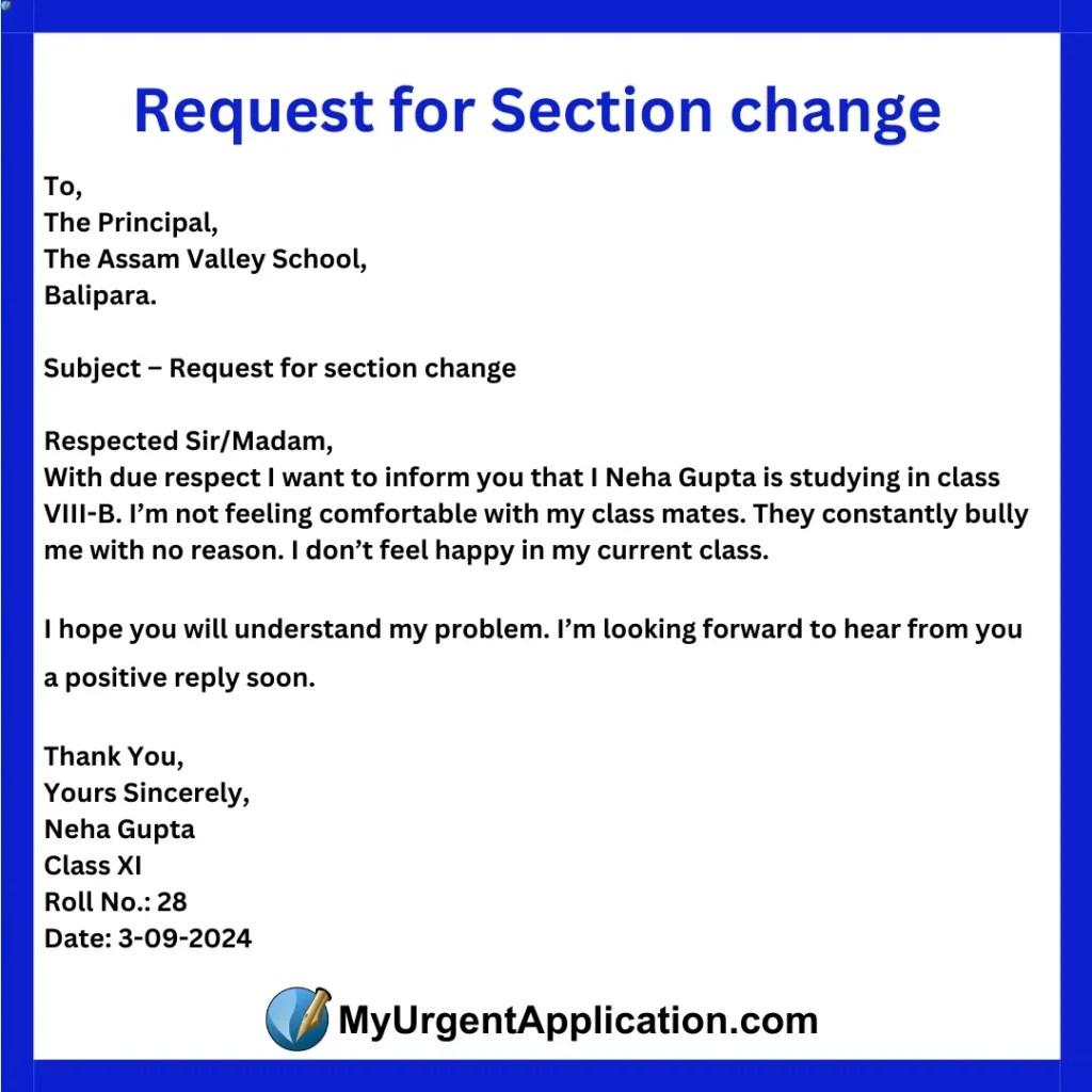 Application for Section Change in School 2024