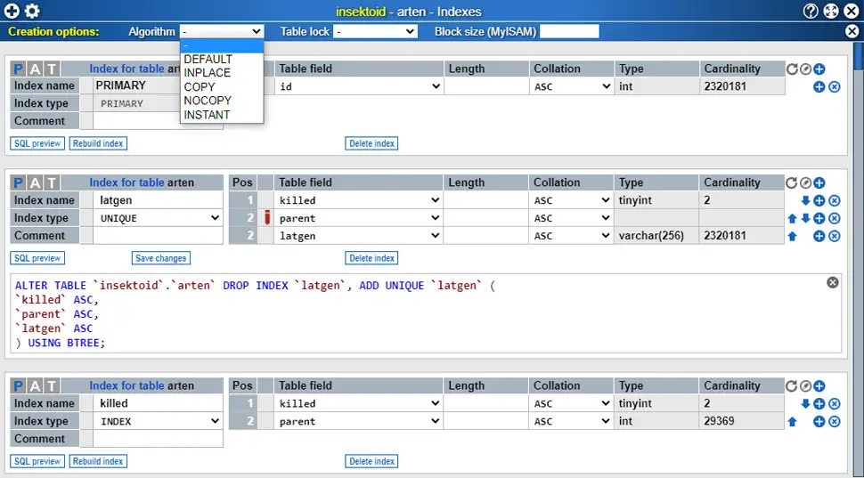 Editing the indexes of MySQL and MariaDB tables