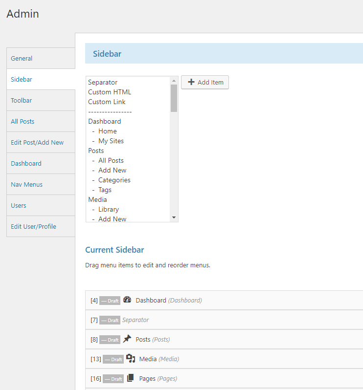 Admin Sidebar My WP Customize