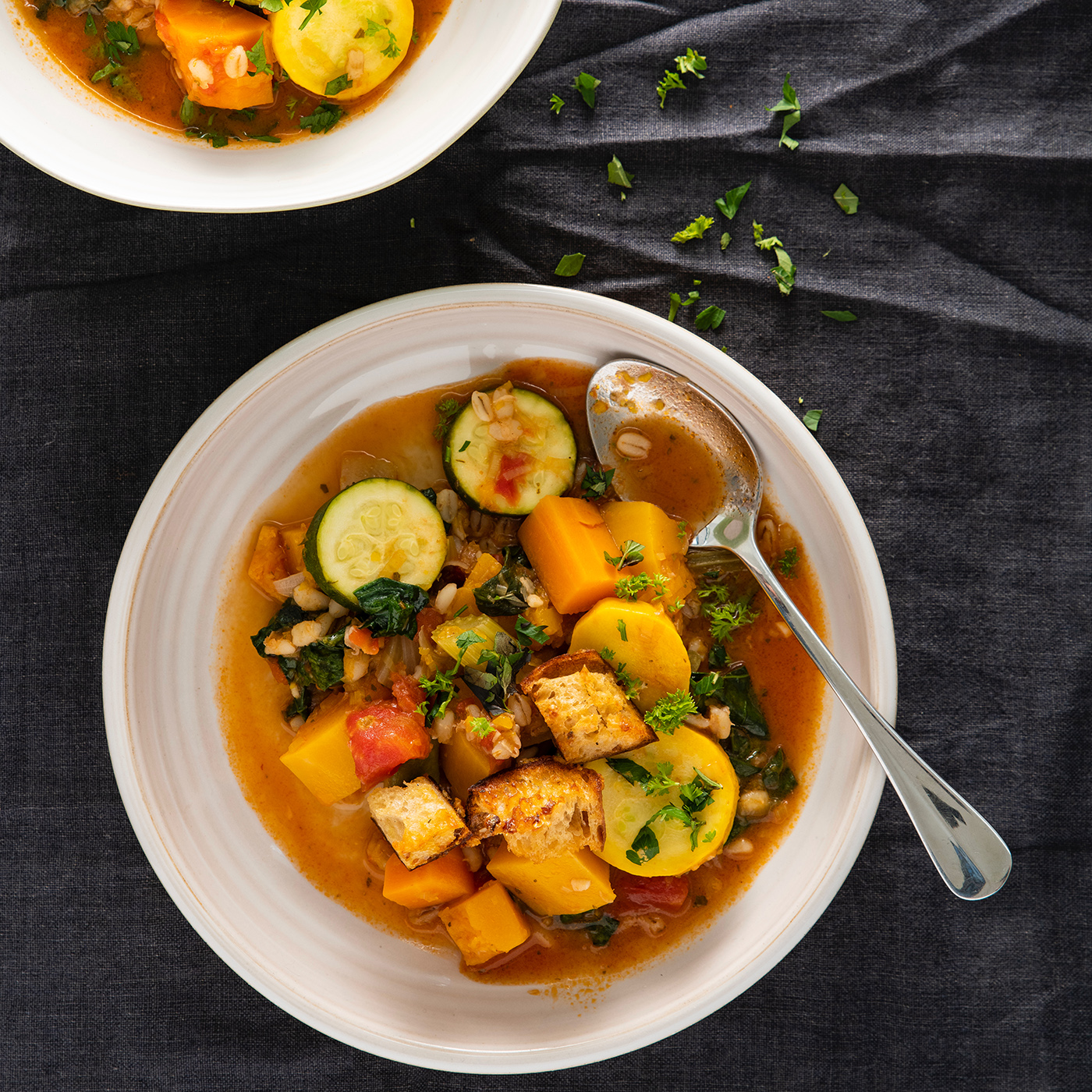 Chunky Vegetable & Barley Soup With Garlic Sourdough Croutons Nadia Lim
