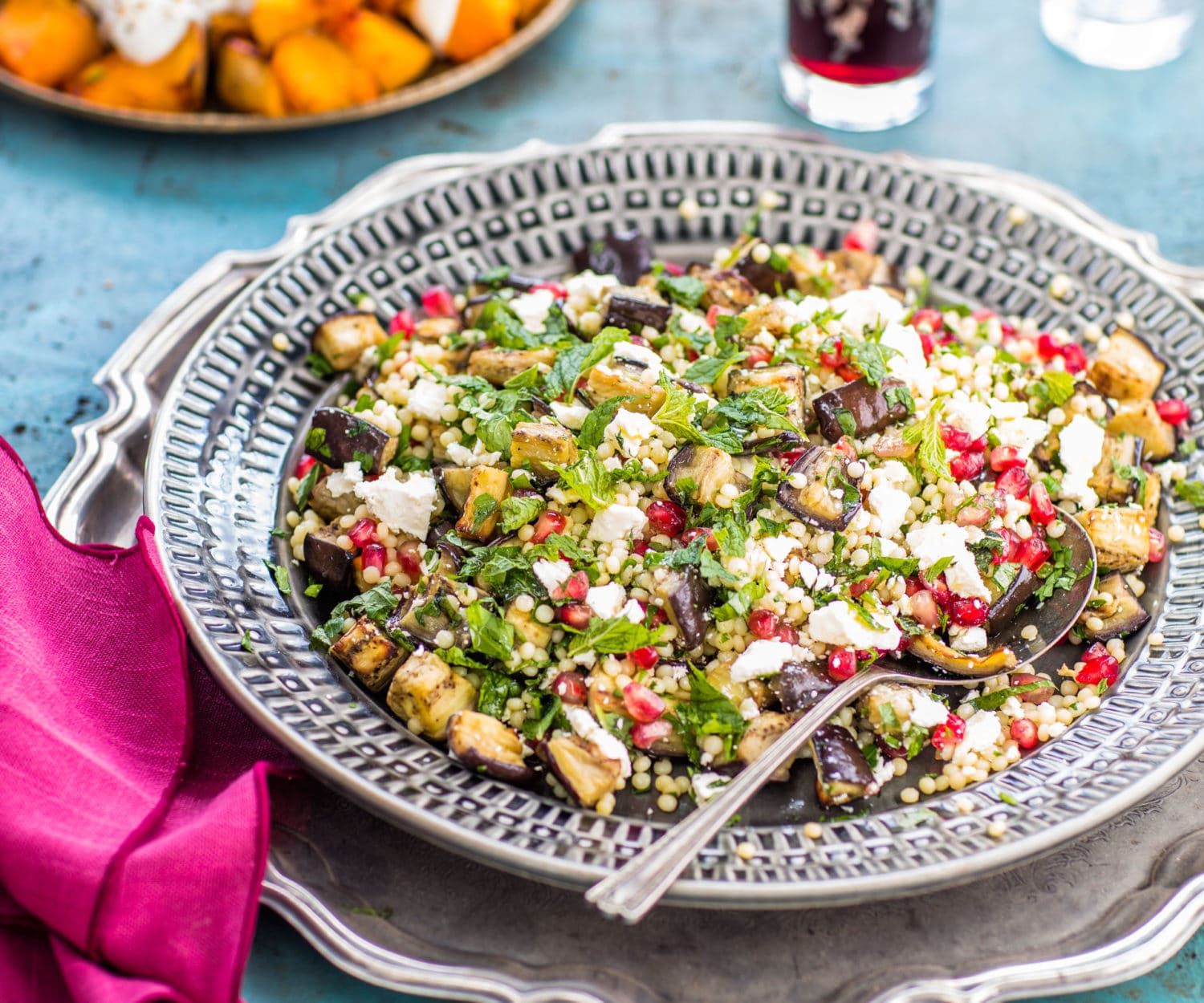 Eggplant, pomegranate, feta and mint Israeli couscous Nadia Lim