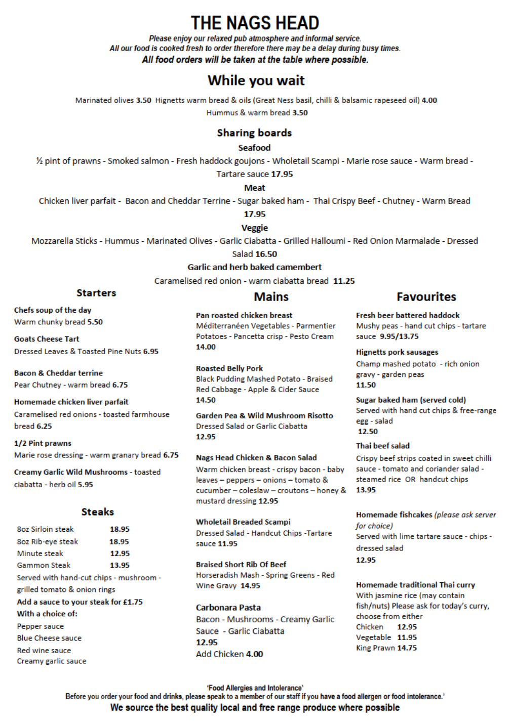 Spring Menu Nags Head Pontesbury