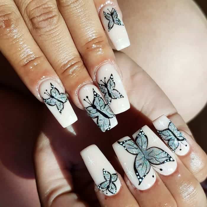 White Acrylic Nails With Butterflies / This next idea shows how to wear