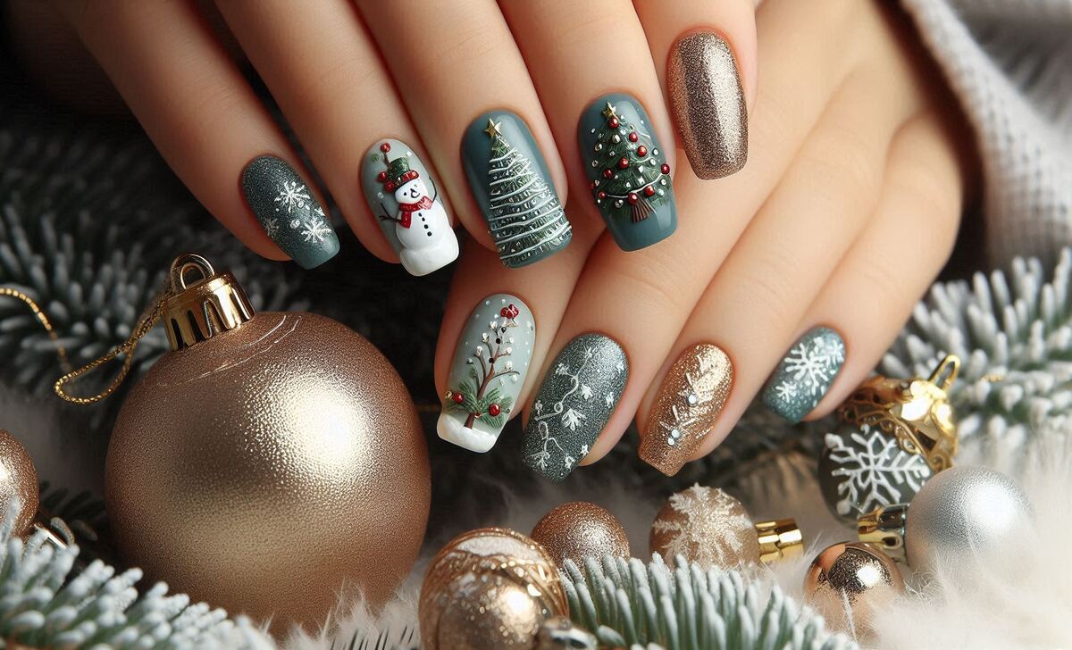 Christmas Tree And Ornament Nail Art
