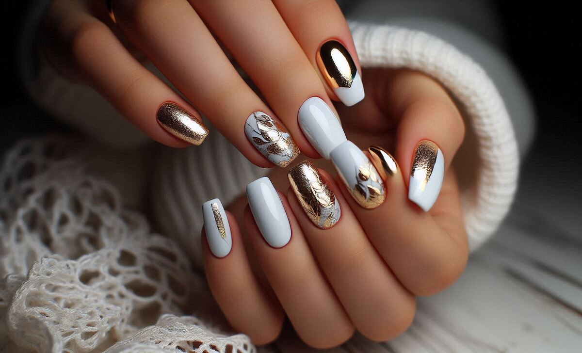 White Nails With Gold Foil Accents