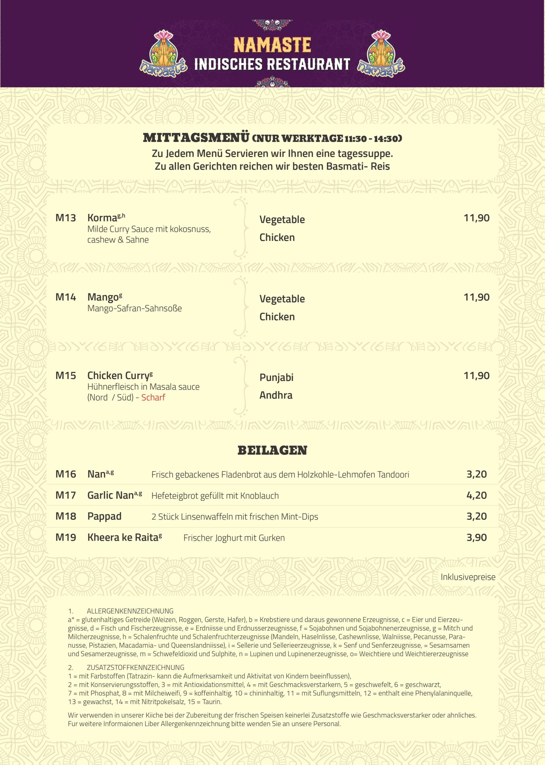 Mittagskarte Namaste