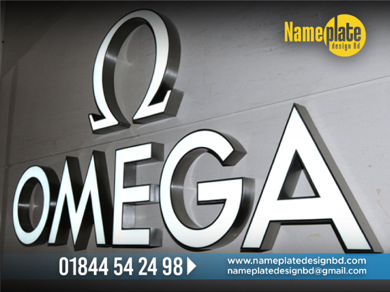Omega Bata Model White Color Acrylic Nameplate Design BD, Led Name