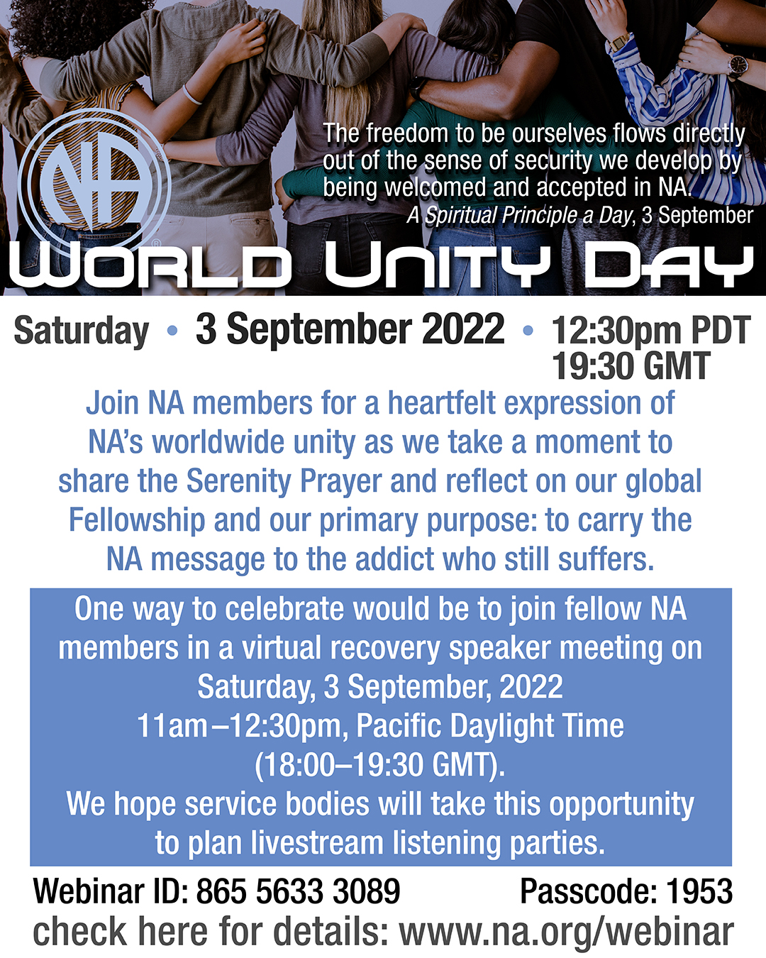 Events In Milwaukee July 7th 2023 World Unity Day Sep. 3 at 230 p.m. Metro Milwaukee Narcotics Anonymous