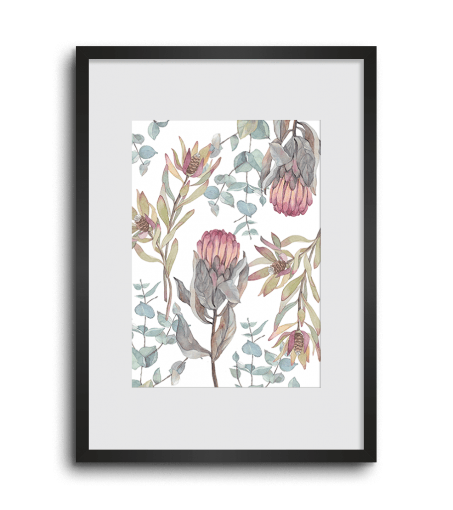 Native flowers wall art print bundle Protea, Eucalyptus