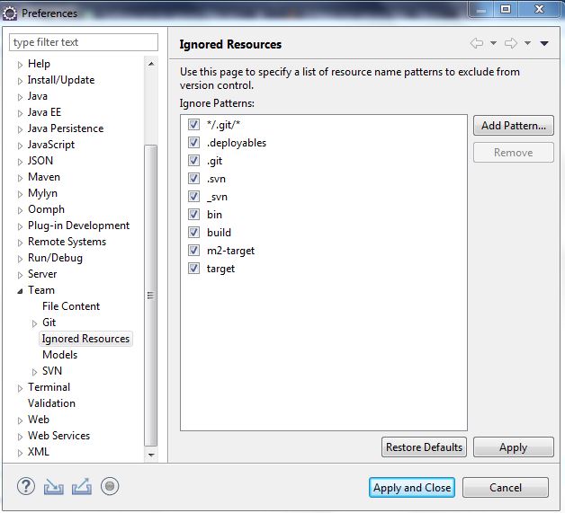 How to ignore bin and target folder to global svn in eclipse Narayana