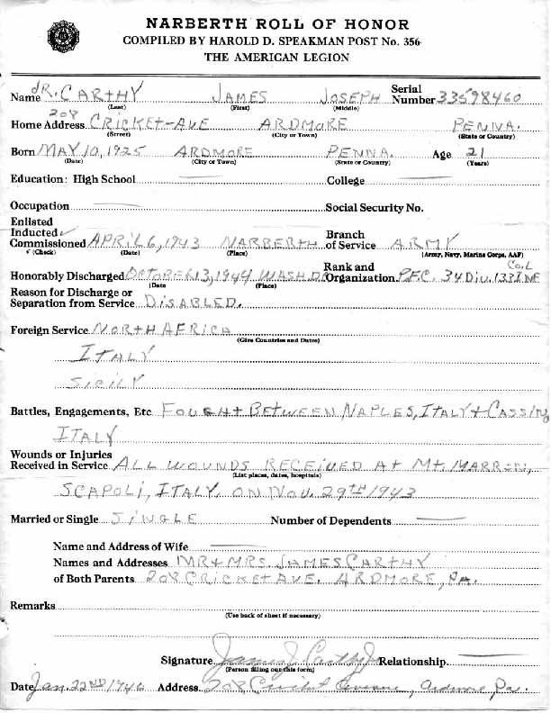 James Carthy Narberth Roll of Honor