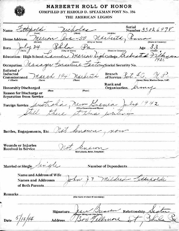 Nicholas Fittipoldi Narberth Roll of Honor