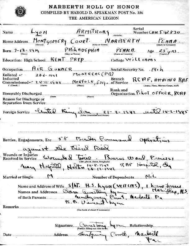 Armstrong Lyon Narberth Roll of Honor