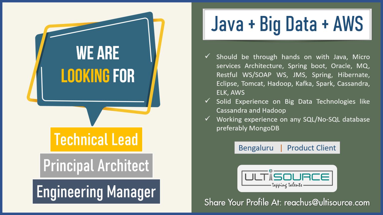 Looking for Java with Big Data developers Bangalore Job
