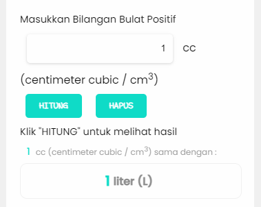 Centimeter Cubic (cc) ke Liter | Kalkulator Konversi