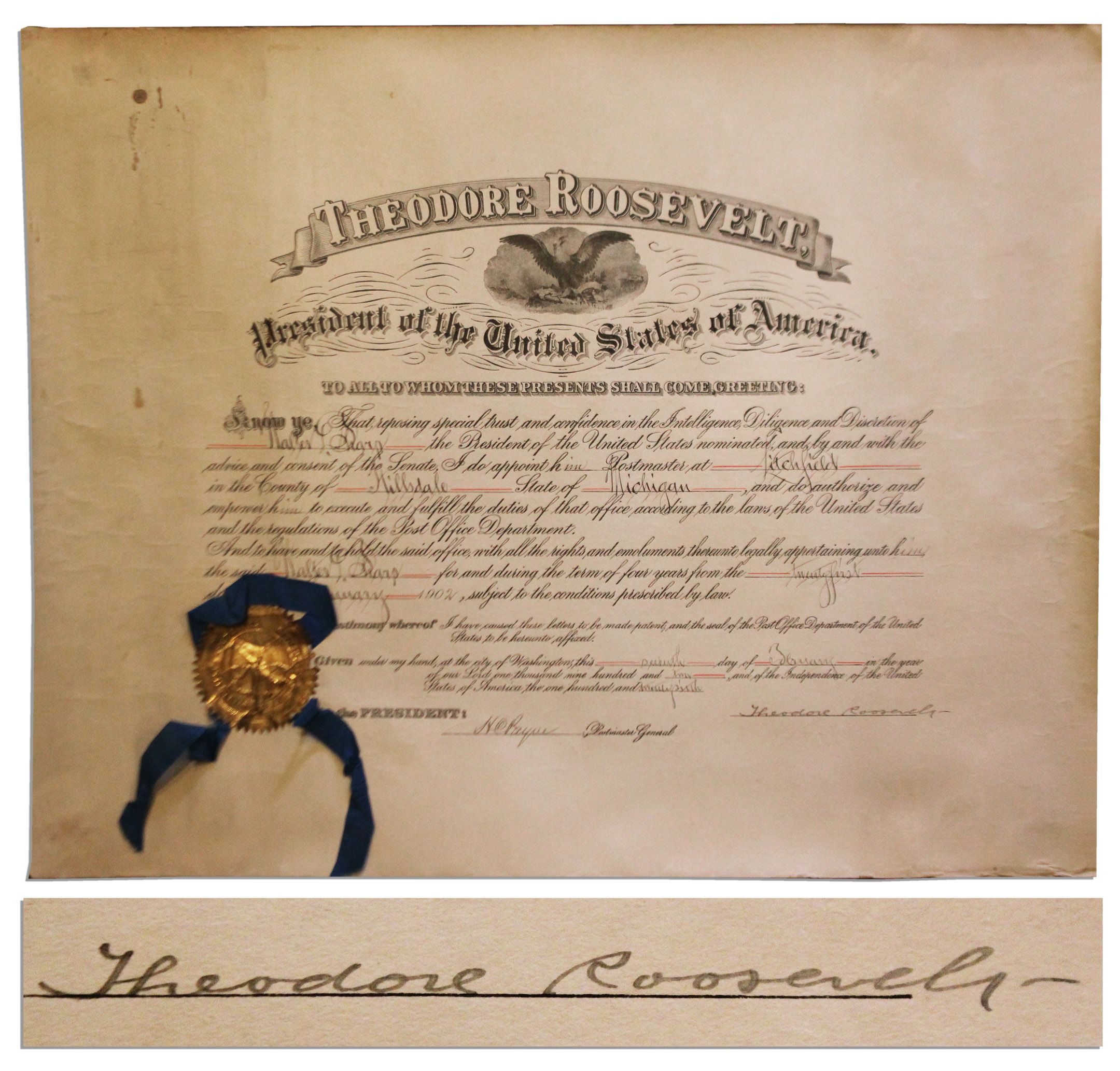Lot Detail Theodore Roosevelt Presidential Signed Document 1902