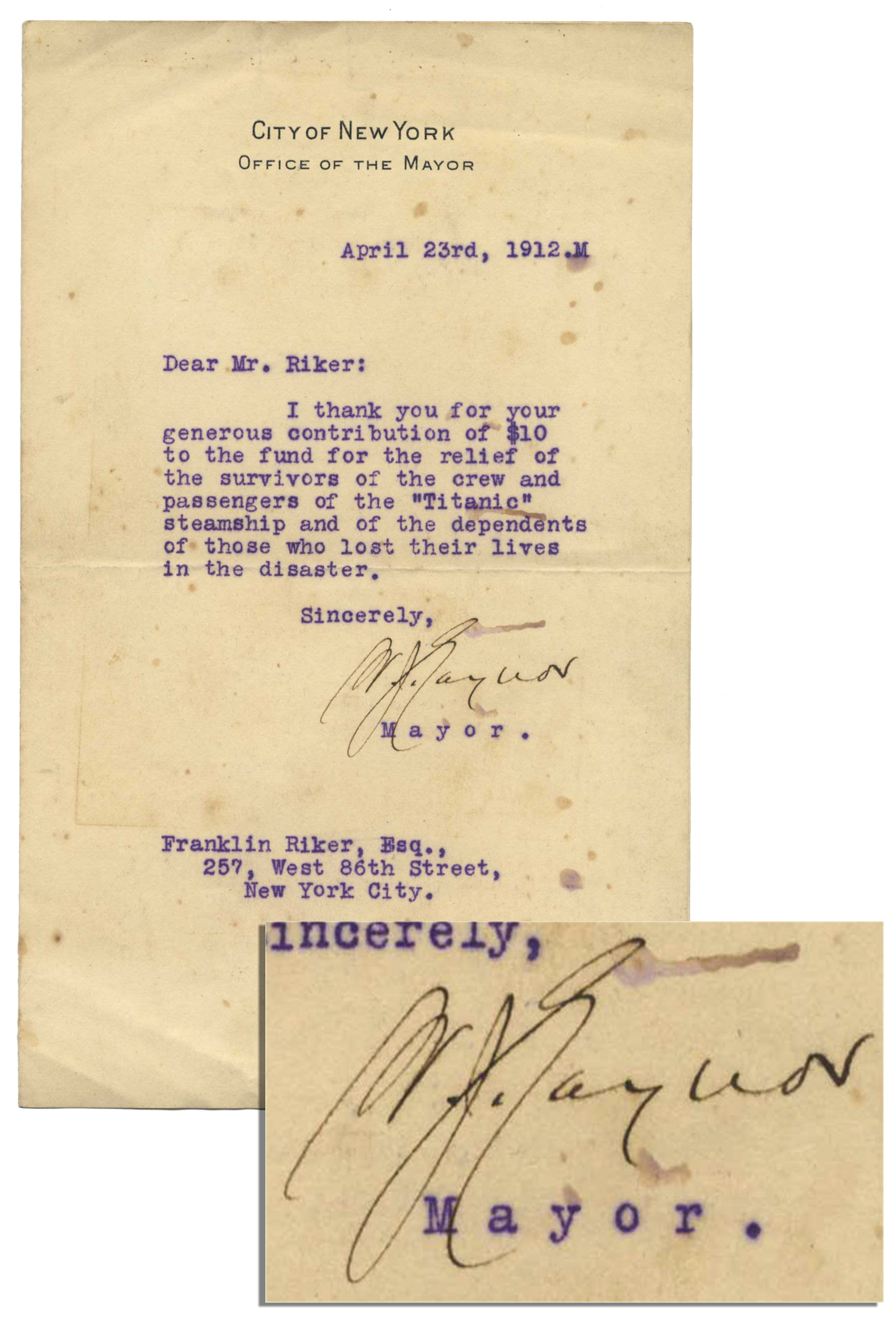 Lot Detail Titanic Relief Letter by NYC Mayor William Gaynor Dated