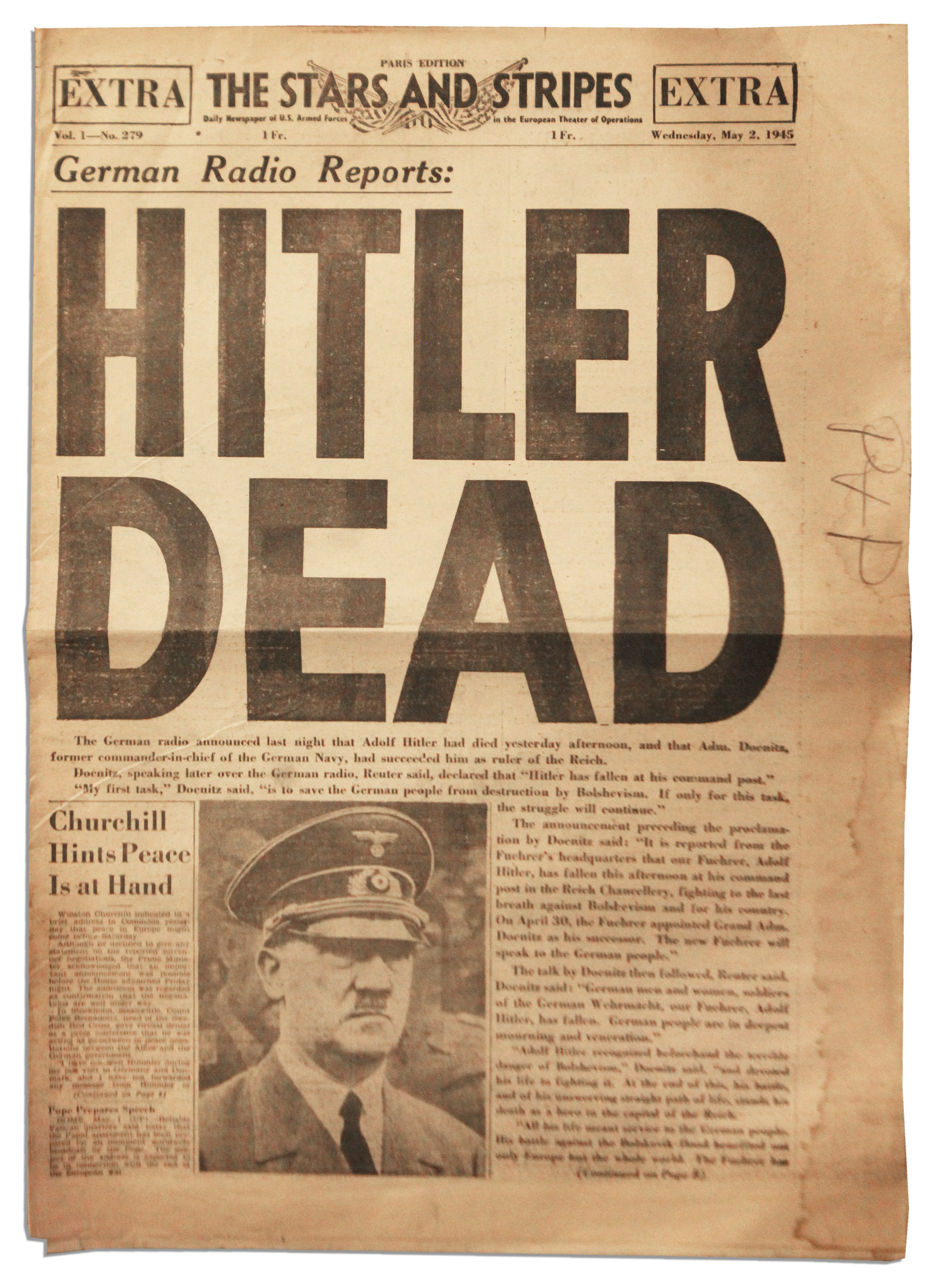 Lot Detail ''Hitler Dead'' ''Stars and Stripes'' Newspaper Reports