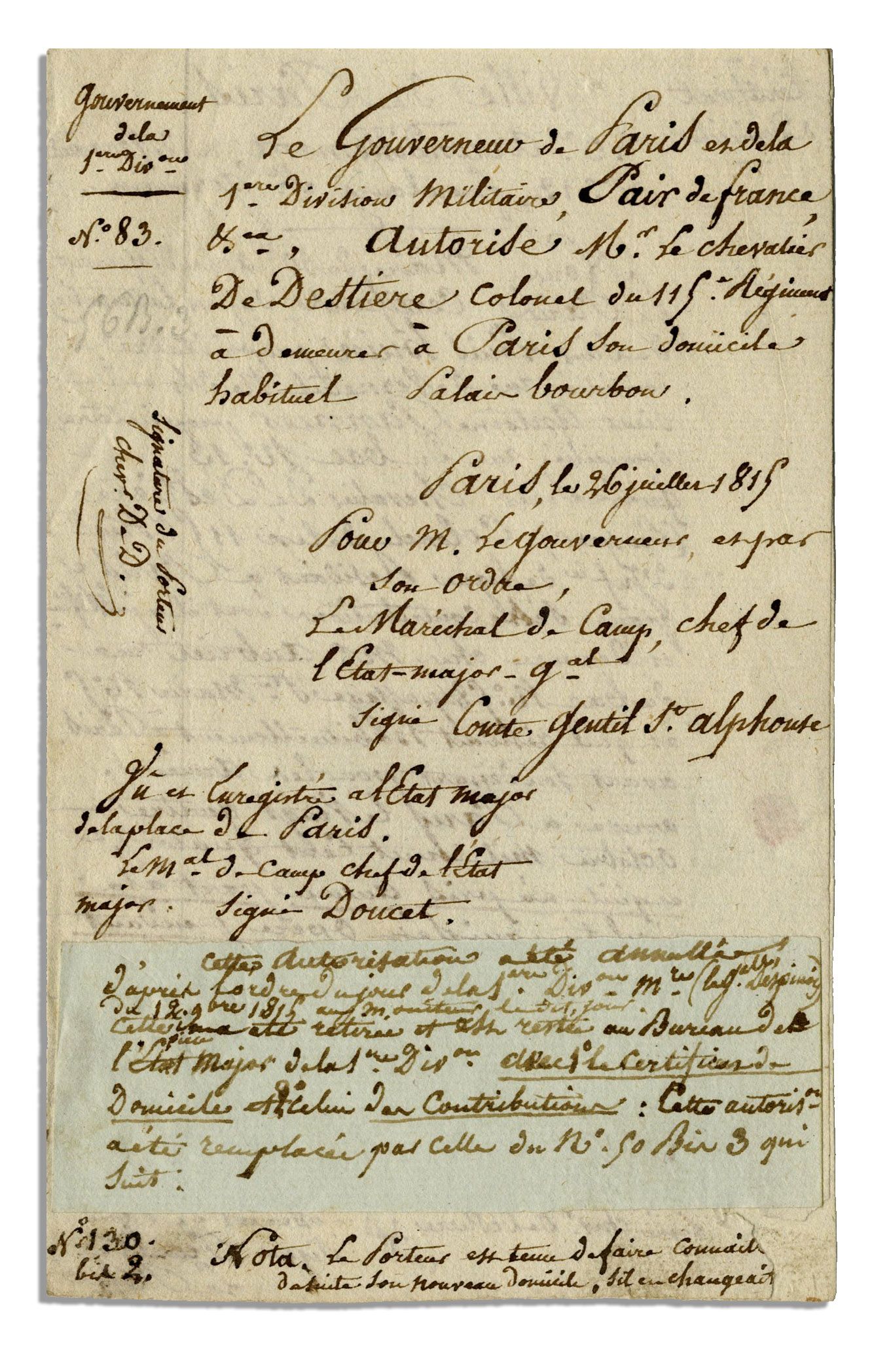 Lot Detail Comte Gentil St. Alphonse 1815 Document Signed General