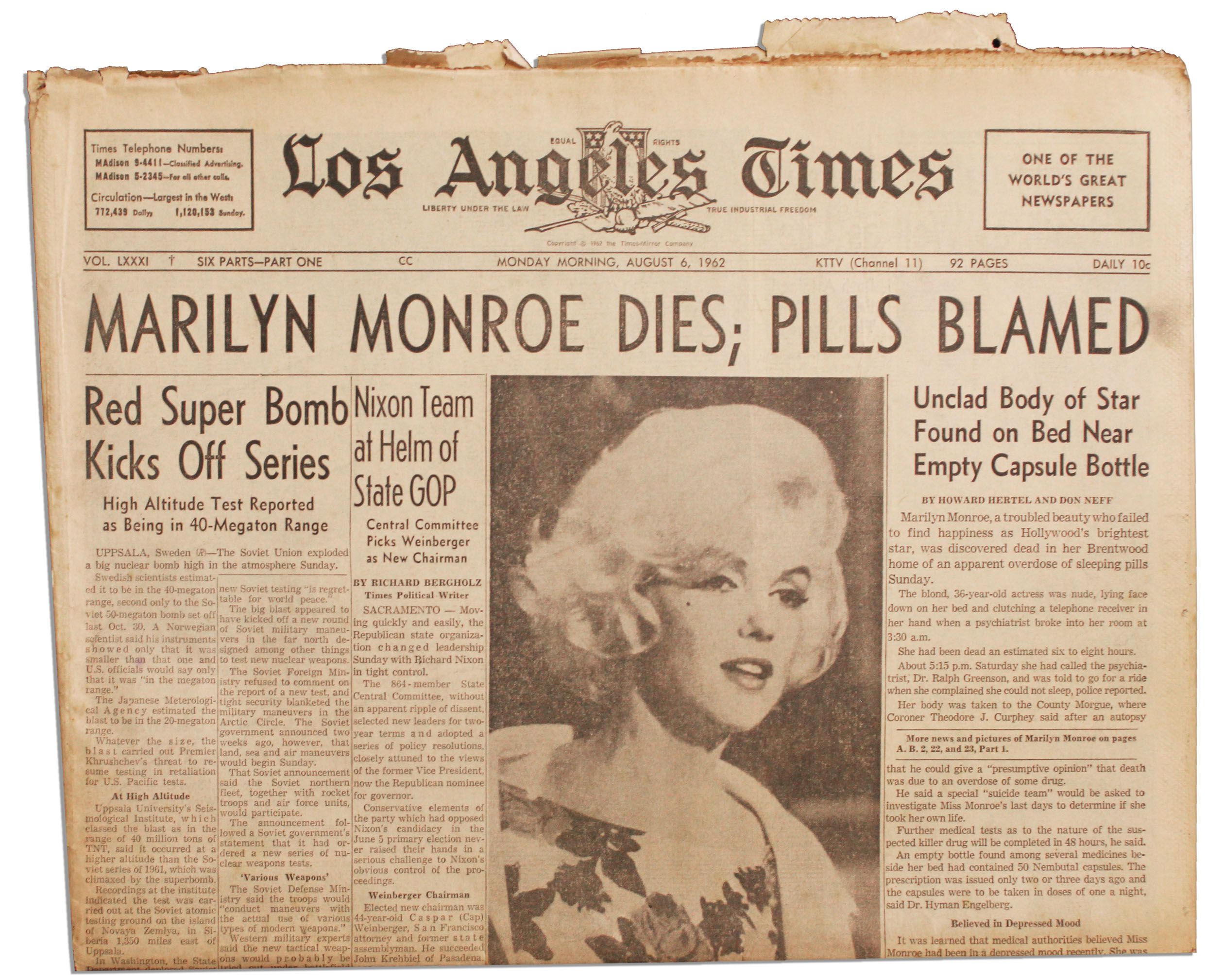 Lot Detail Marilyn Monroe's Death Covered in the ''Los Angeles Times