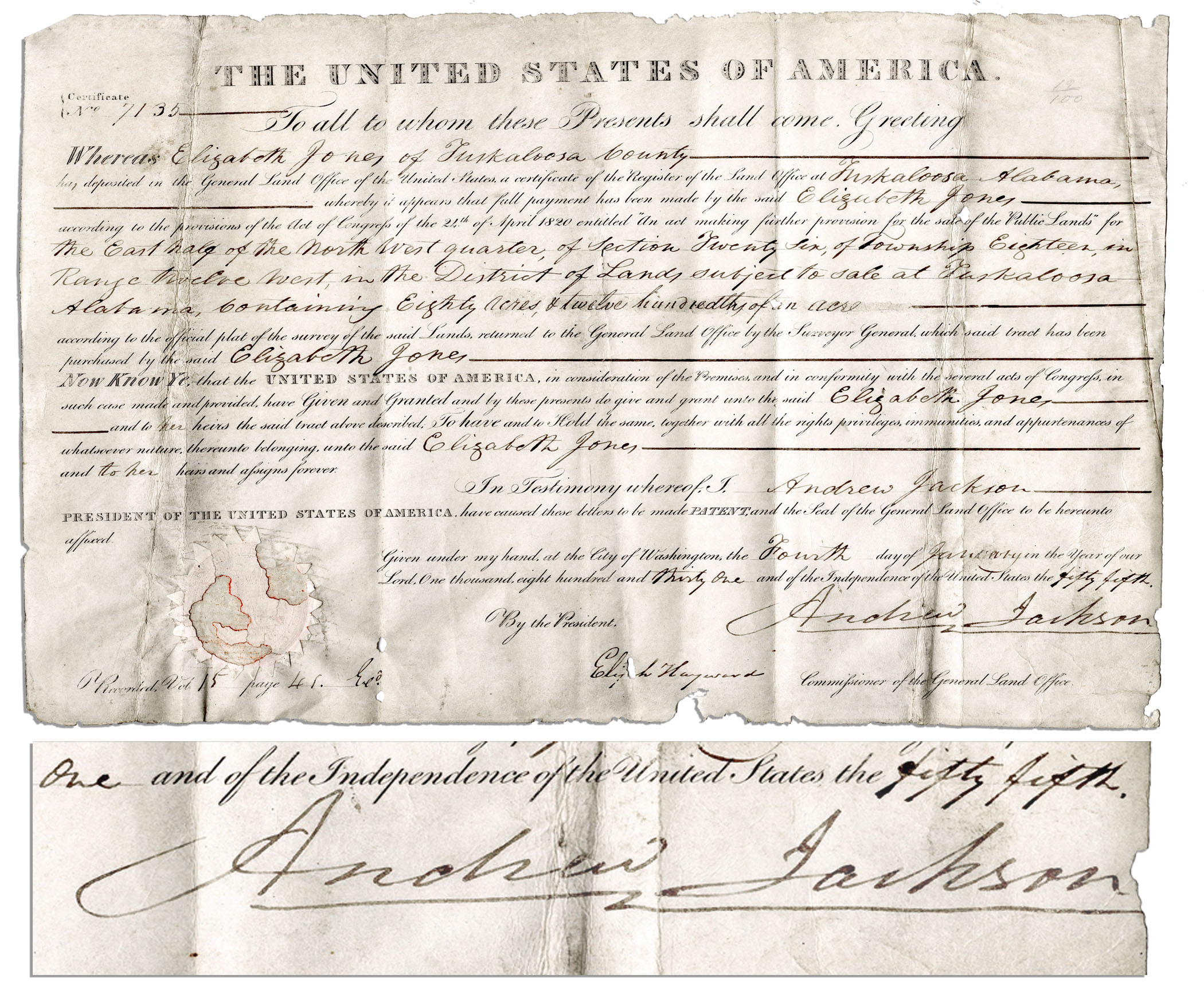 Lot Detail 1831 Alabama Land Grant Signed by Andrew Jackson as President During the Trail of Tears