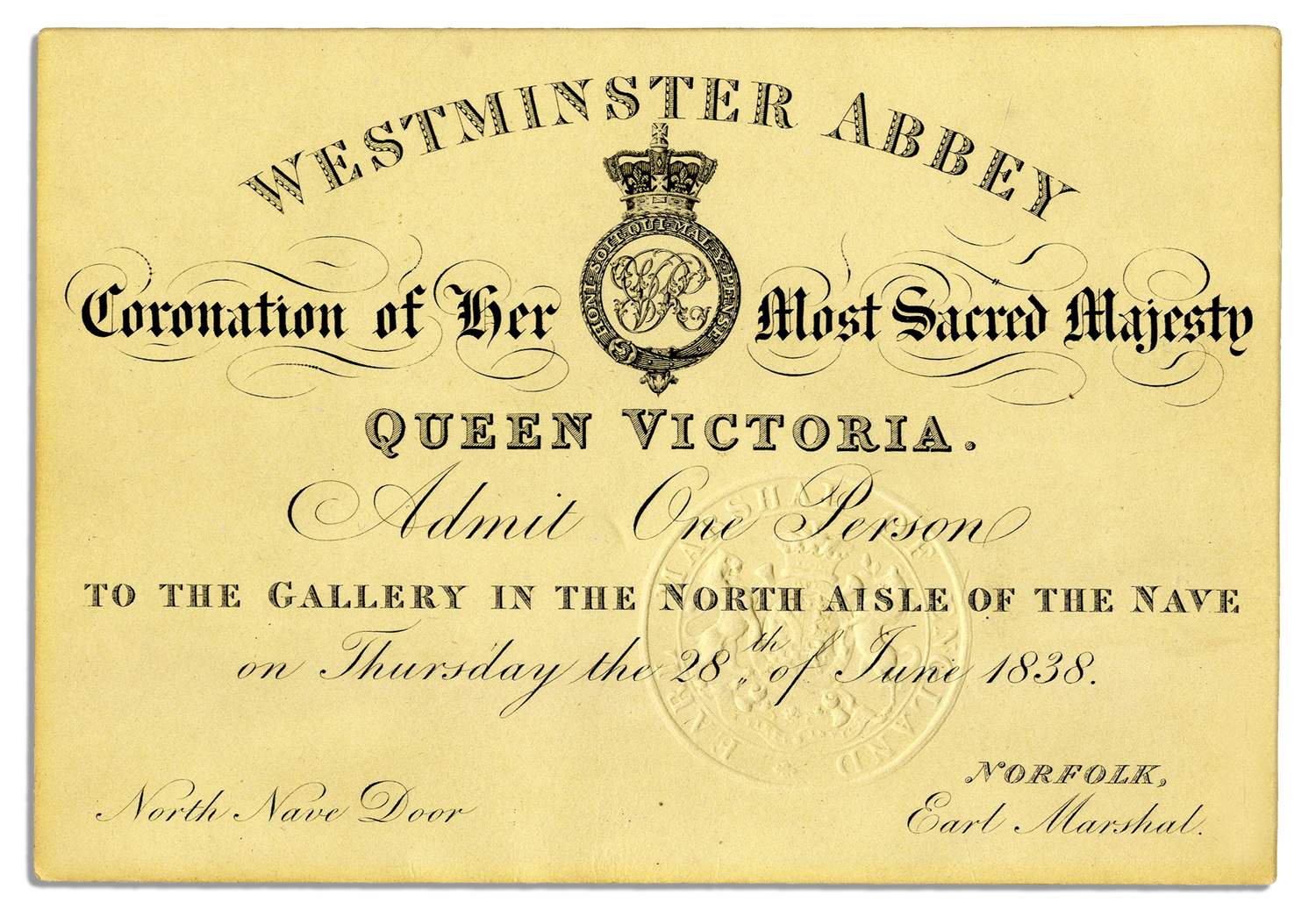 Lot Detail Ticket to the Coronation of Queen Victoria at Westminster