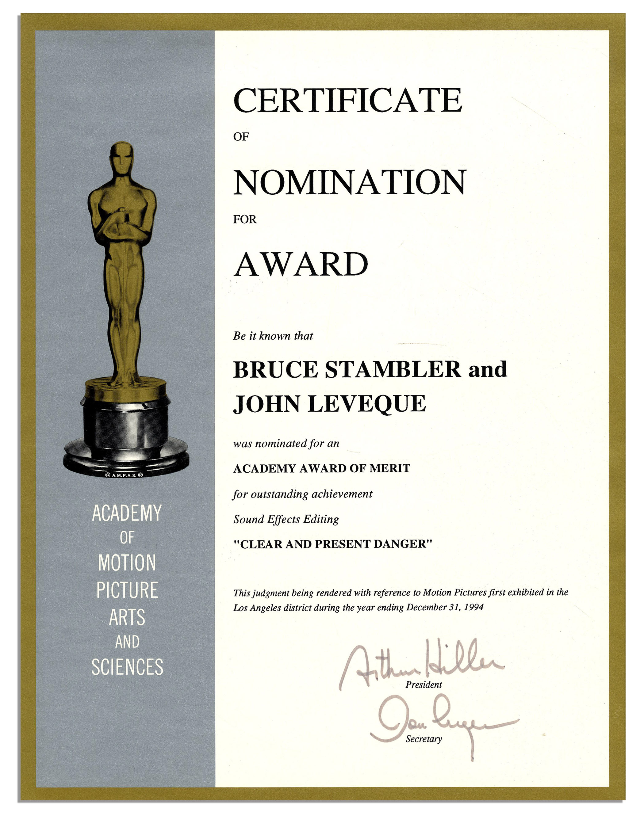 Lot Detail Academy Award Nomination for Sound Effects Editing From the 1994 Film ''Clear And