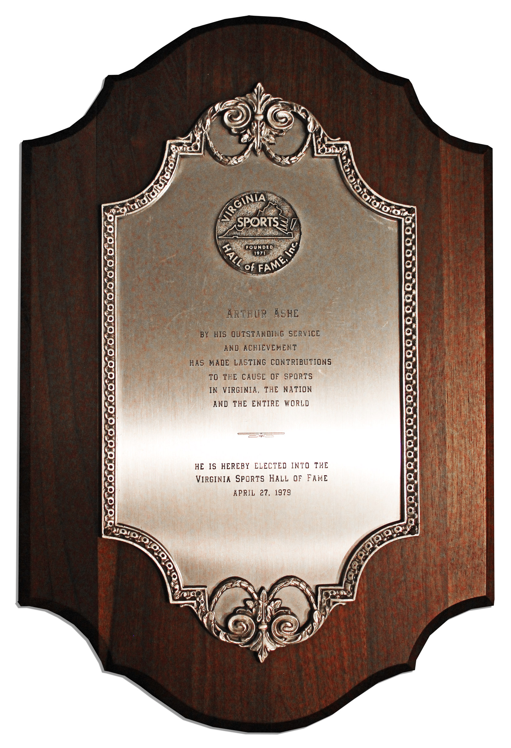 Lot Detail Arthur Ashe 1979 Virginia Sports Hall of Fame Award