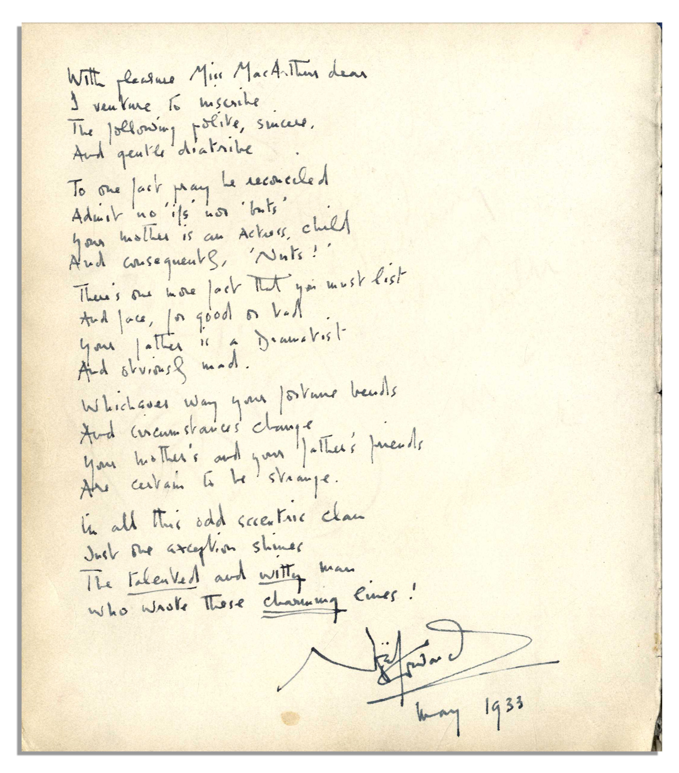 Lot Detail Original Noel Coward Handwritten Poem Composed in 1933