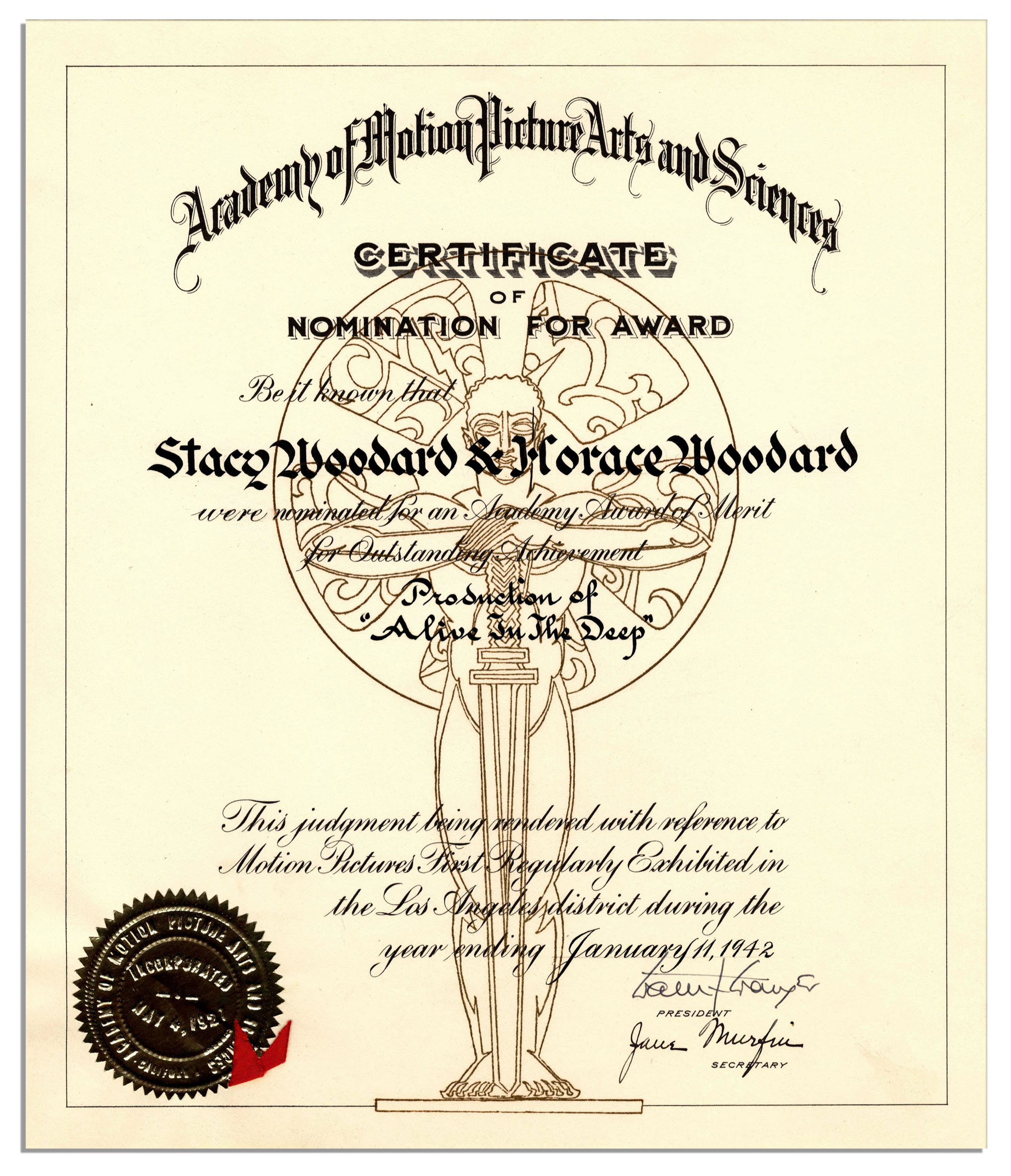 Lot Detail 1942 Oscar Nomination Certificate for Documentary Short