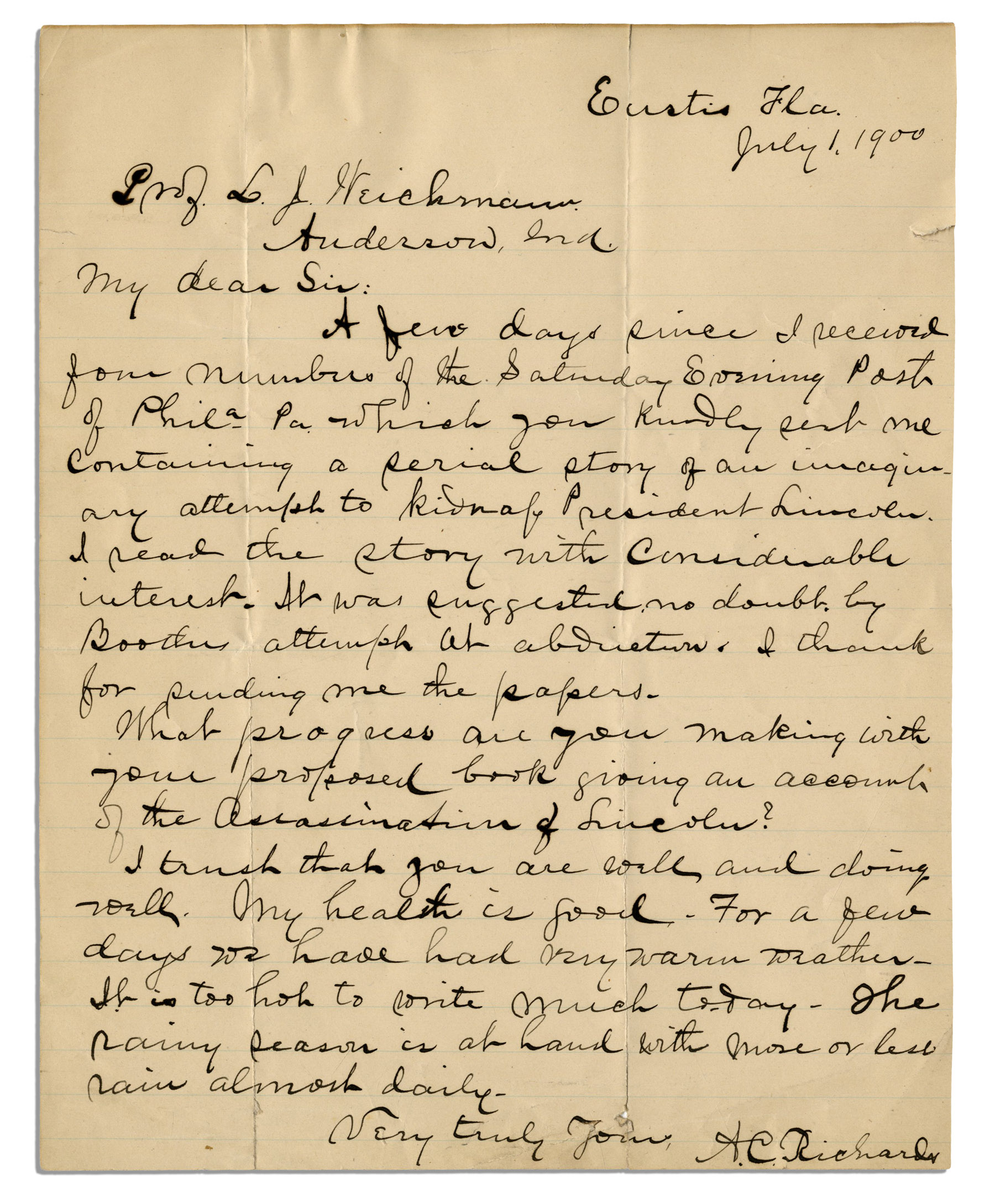 Lot Detail Abraham Lincoln Assassination Letter ''...story of our