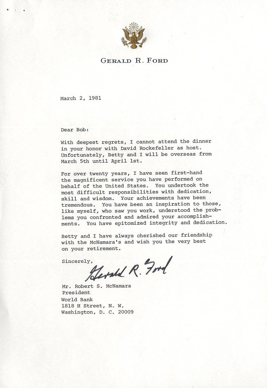 Lot Detail Gerald Ford Typed Letter Signed to Robert McNamara ''Dear Bob...I cannot attend