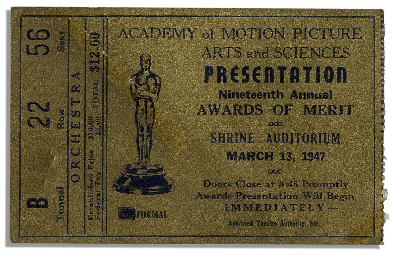 Lot Detail Ticket to the 19th Annual Academy Awards Ceremony in 1947