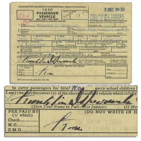 Lot Detail Franklin Roosevelt Registration Document Twice Signed as