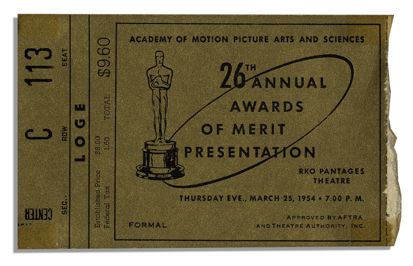 Lot Detail Academy Awards Original 1954 Ticket Stub