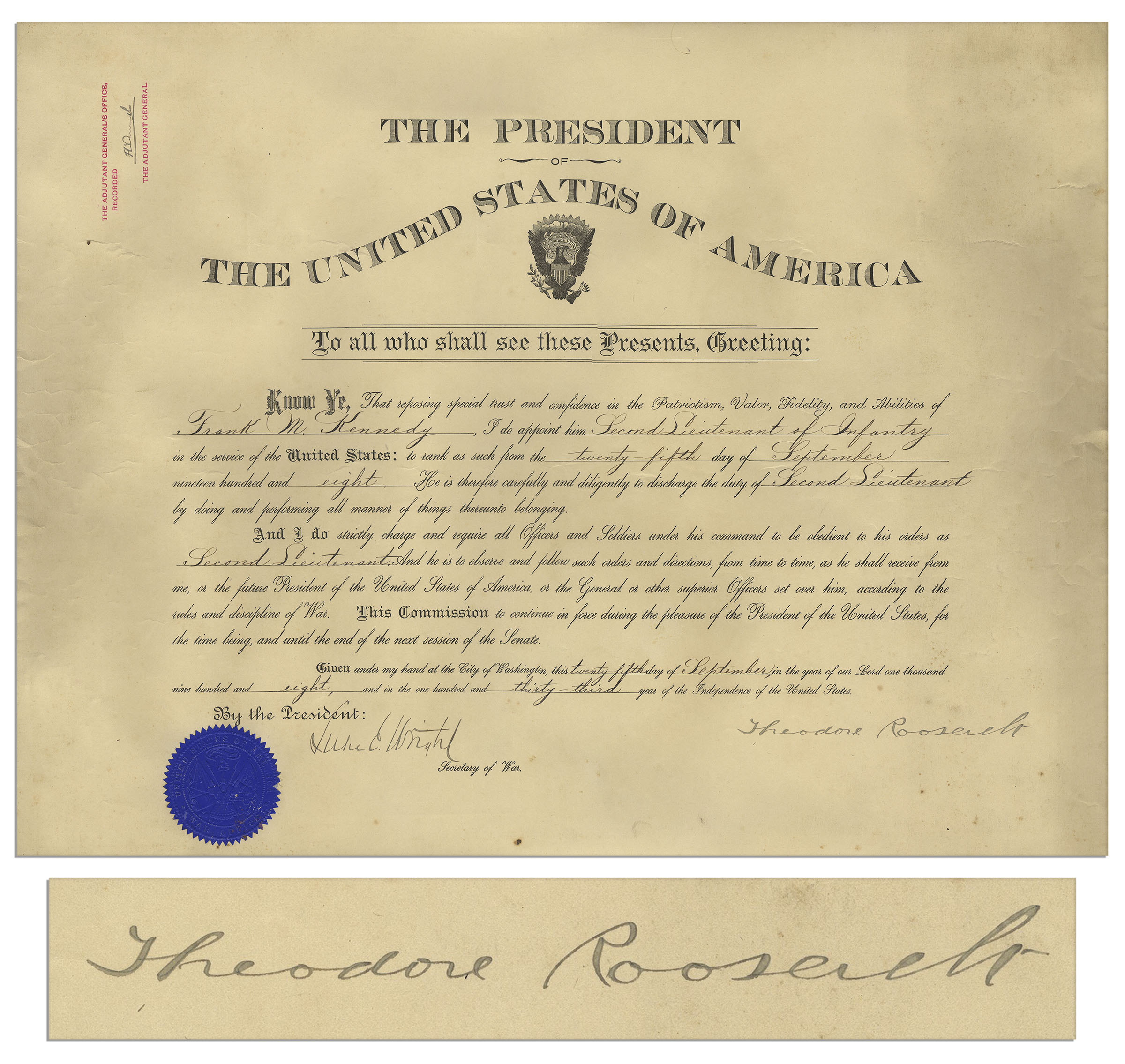 Lot Detail Large Theodore Roosevelt Military Document Signed as President
