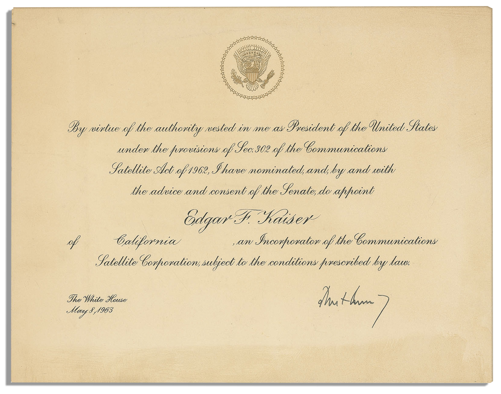 Lot Detail President John F. Kennedy Document Signed as President Appointing Edgar Kaiser