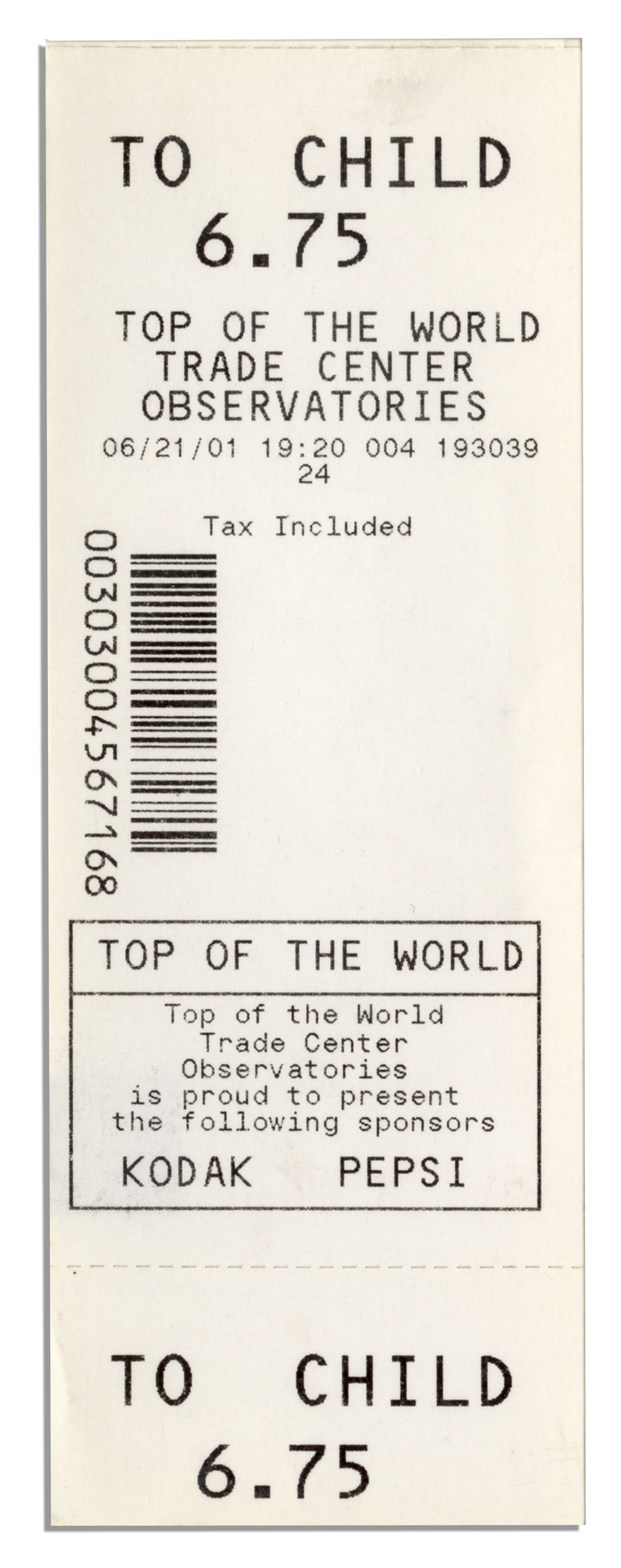 Lot Detail 2001 World Trade Center Ticket Dated 21 June 2001