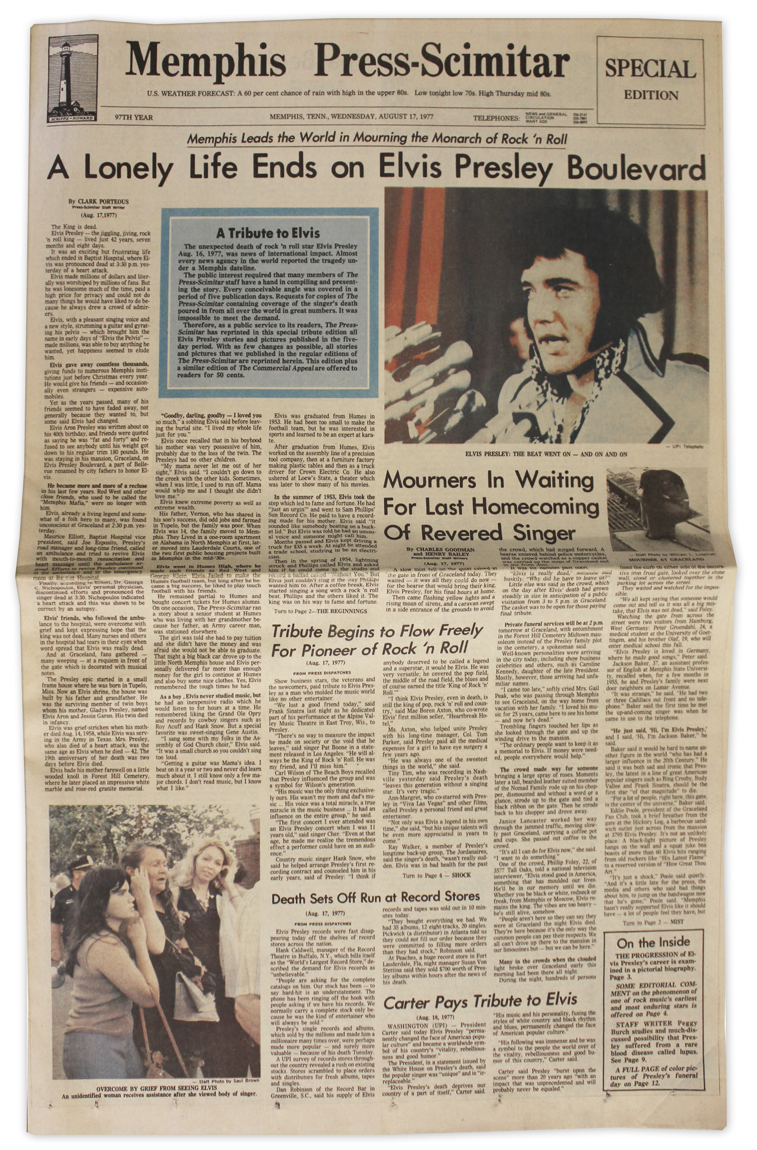 Lot Detail Elvis Presley Newspaper From His Hometown of Memphis
